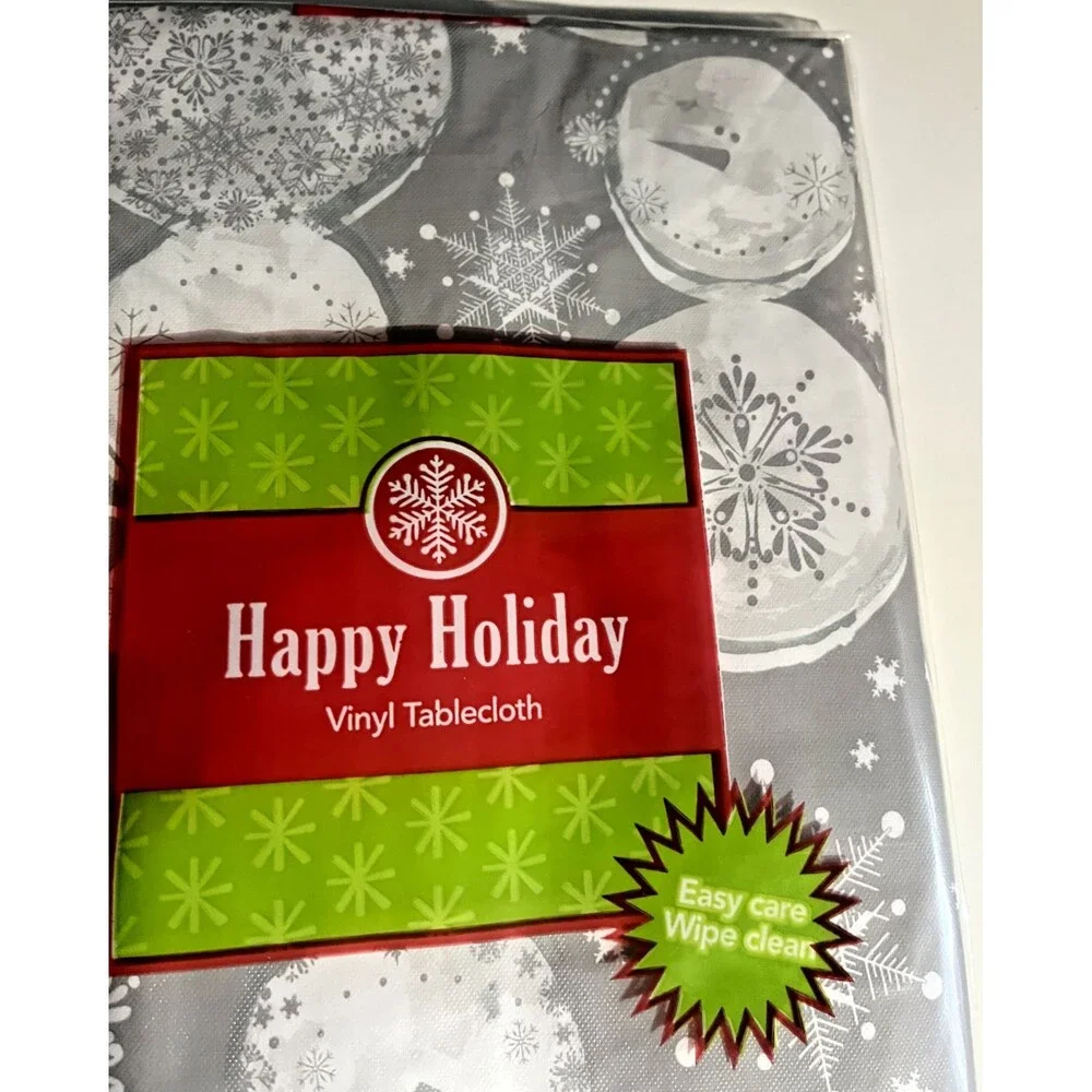 Christmas Snowman Snowflake Viny Tablecloth Flannel Backed Holiday 60